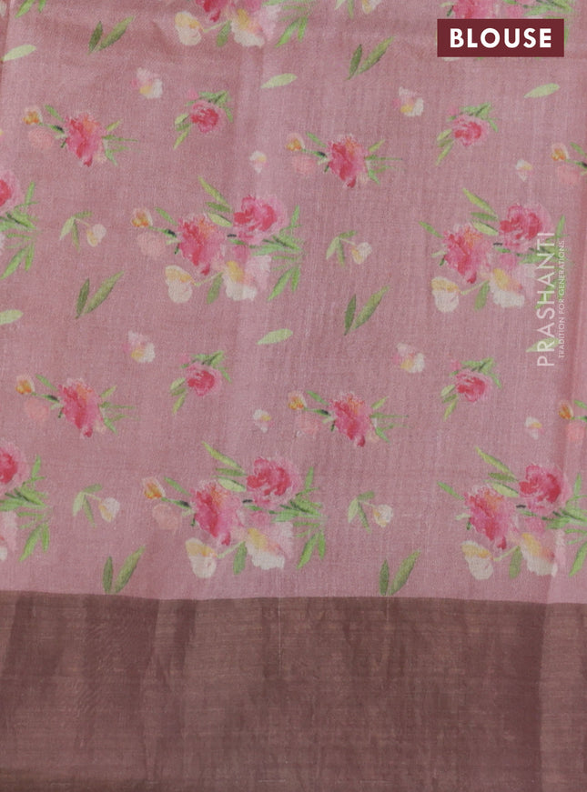 Pure tussar silk saree pastel pink with floral digital prints and zari woven border