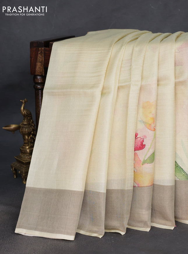 Pure tussar silk saree pale yellow with floral digital prints and zari woven border