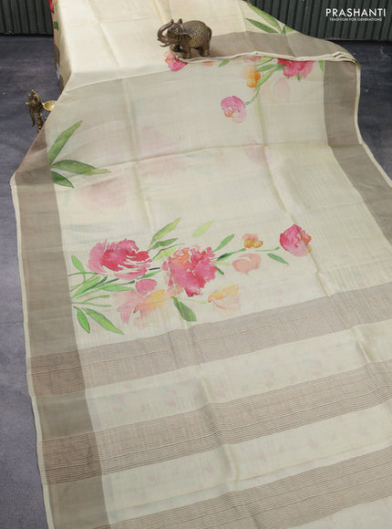 Pure tussar silk saree pale yellow with floral digital prints and zari woven border