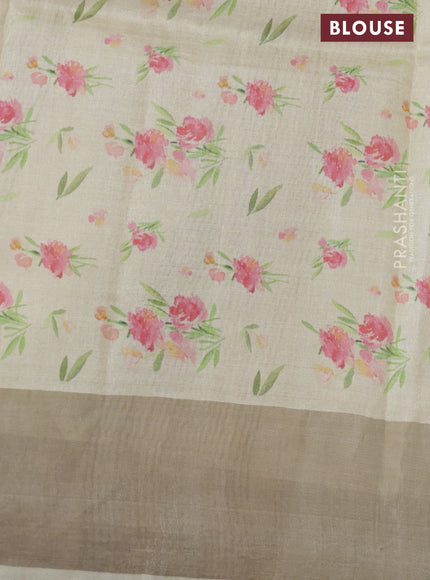 Pure tussar silk saree pale yellow with floral digital prints and zari woven border