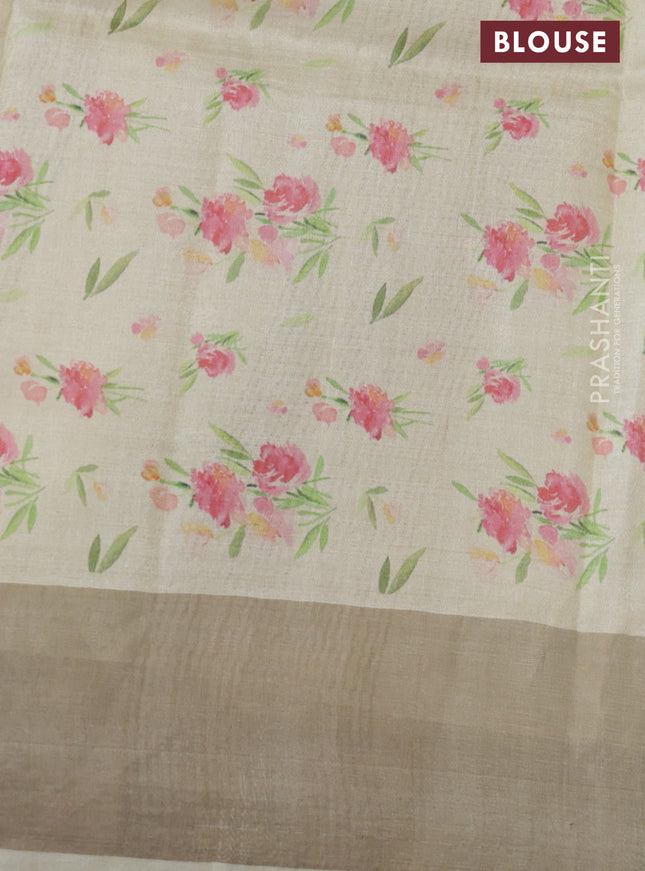 Pure tussar silk saree pale yellow with floral digital prints and zari woven border