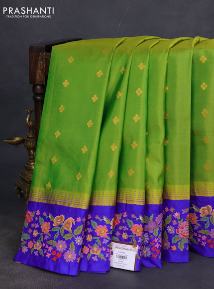 Pure gadwal silk saree light green and blue with zari woven buttas and temple design embroidery border