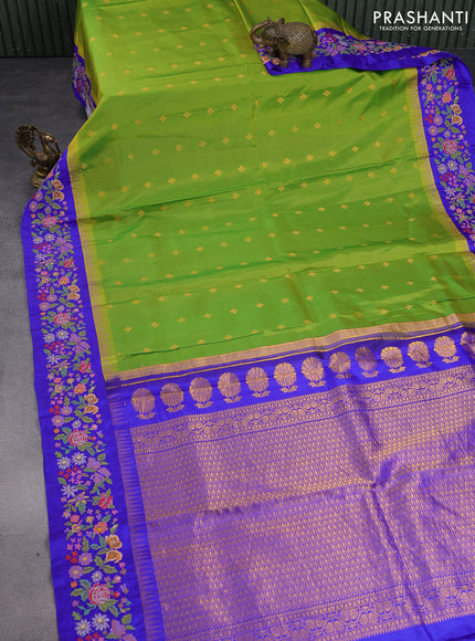 Pure gadwal silk saree light green and blue with zari woven buttas and temple design embroidery border