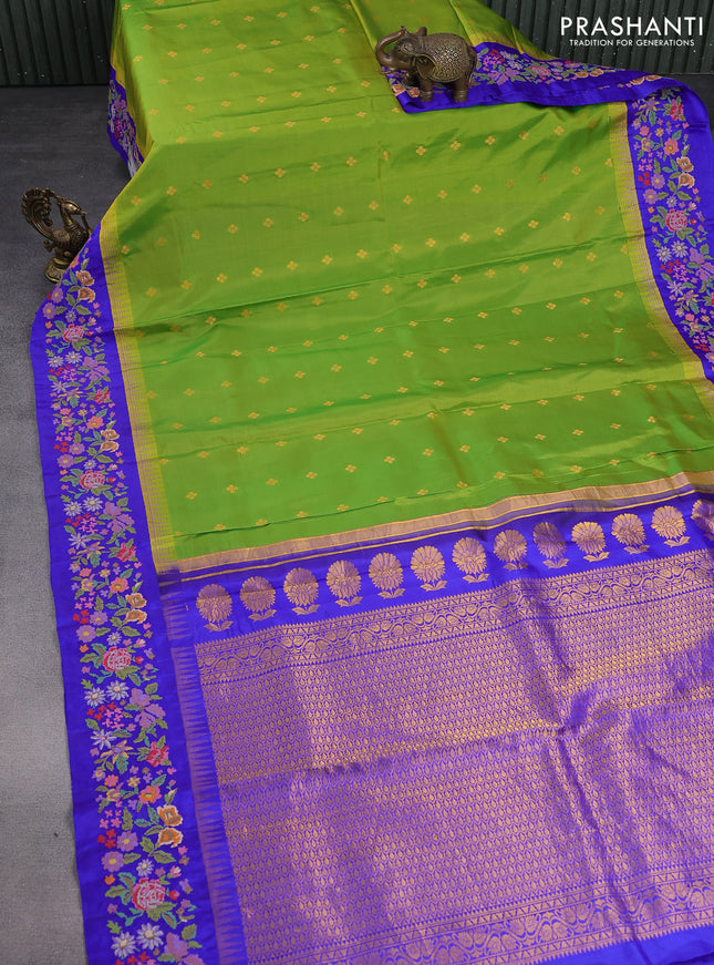 Pure gadwal silk saree light green and blue with zari woven buttas and temple design embroidery border
