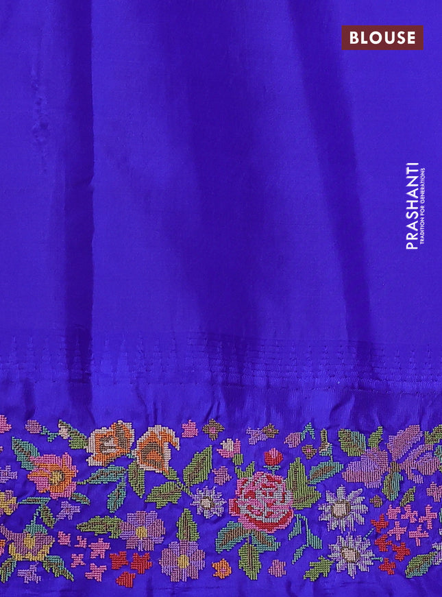 Pure gadwal silk saree light green and blue with zari woven buttas and temple design embroidery border