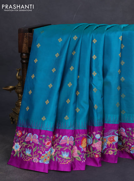 Pure gadwal silk saree teal blue and purple with zari woven buttas and temple design embroidery border