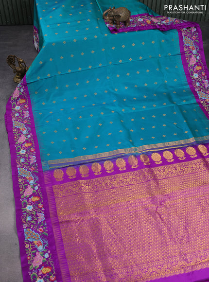 Pure gadwal silk saree teal blue and purple with zari woven buttas and temple design embroidery border