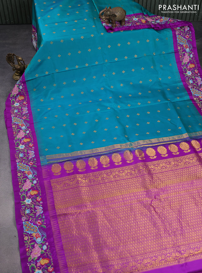 Pure gadwal silk saree teal blue and purple with zari woven buttas and temple design embroidery border