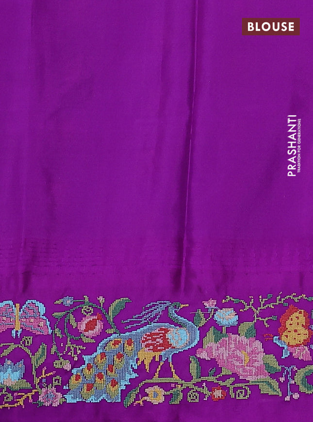 Pure gadwal silk saree teal blue and purple with zari woven buttas and temple design embroidery border