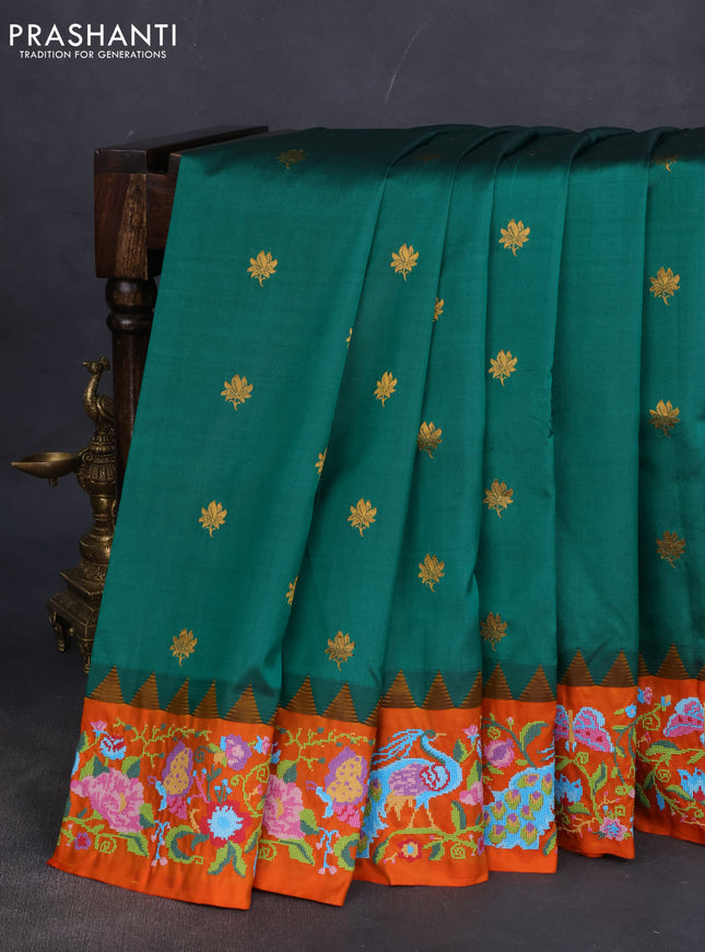 Pure gadwal silk saree green and orange with zari woven buttas and temple design embroidery border