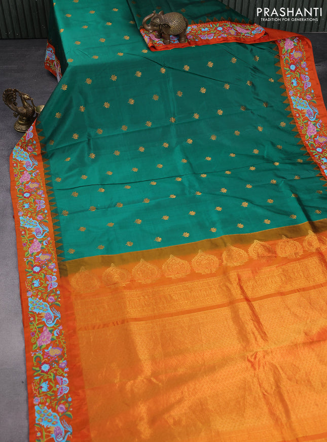 Pure gadwal silk saree green and orange with zari woven buttas and temple design embroidery border