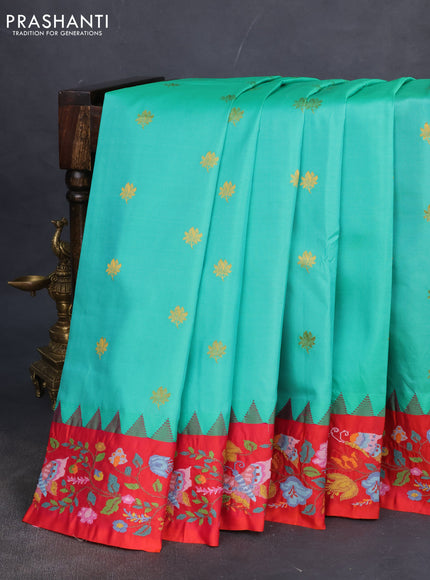 Pure gadwal silk saree teal green and dual shade of pinkish orange with zari woven buttas and temple design embroidery border