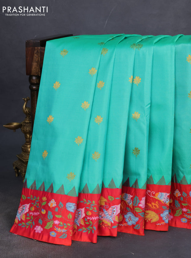 Pure gadwal silk saree teal green and dual shade of pinkish orange with zari woven buttas and temple design embroidery border