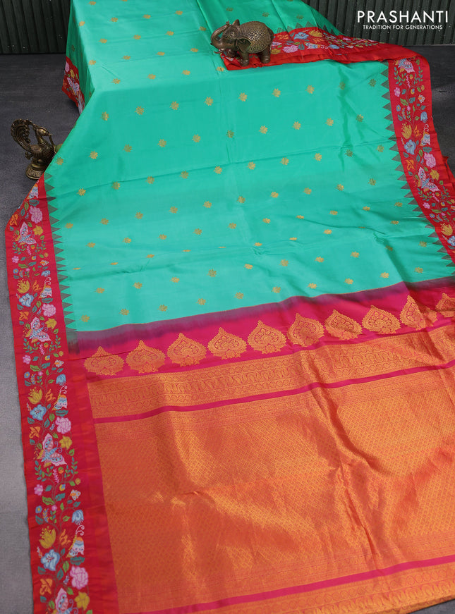 Pure gadwal silk saree teal green and dual shade of pinkish orange with zari woven buttas and temple design embroidery border