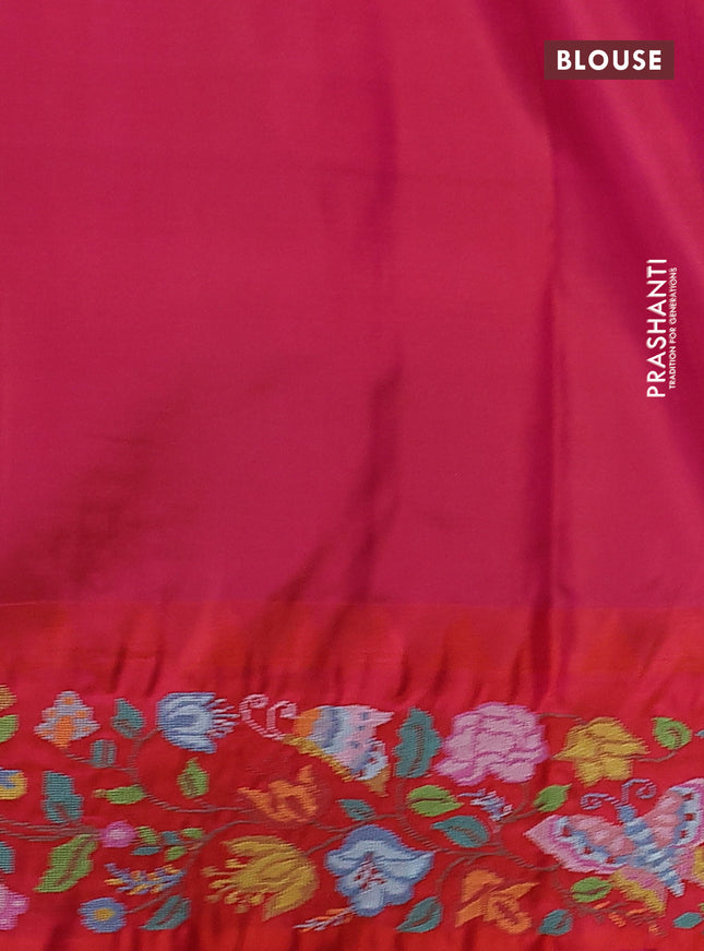 Pure gadwal silk saree teal green and dual shade of pinkish orange with zari woven buttas and temple design embroidery border