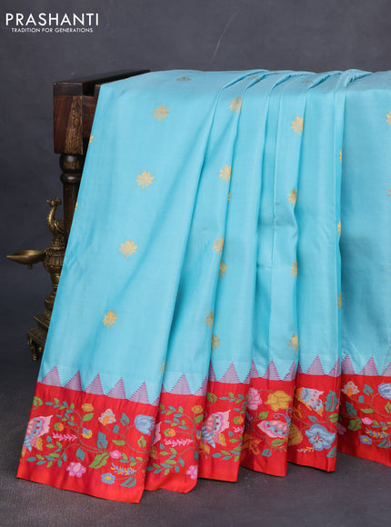 Pure gadwal silk saree teal blue and dual shade of pinkish orange with zari woven buttas and temple design embroidery border