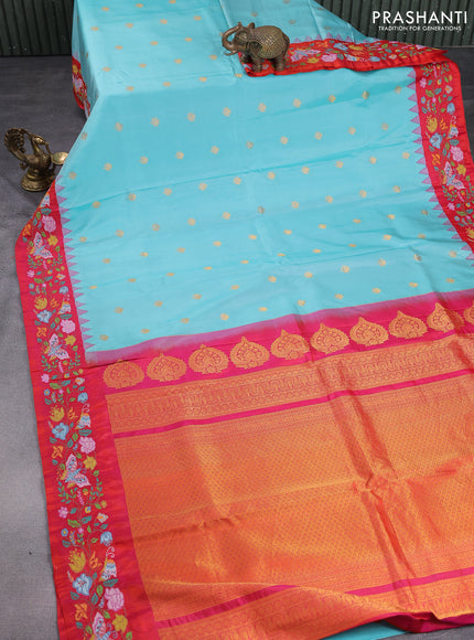Pure gadwal silk saree teal blue and dual shade of pinkish orange with zari woven buttas and temple design embroidery border