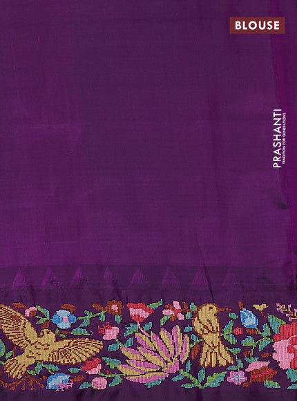 Pure gadwal silk saree light green and deep purple with zari woven buttas and temple design embroidery border