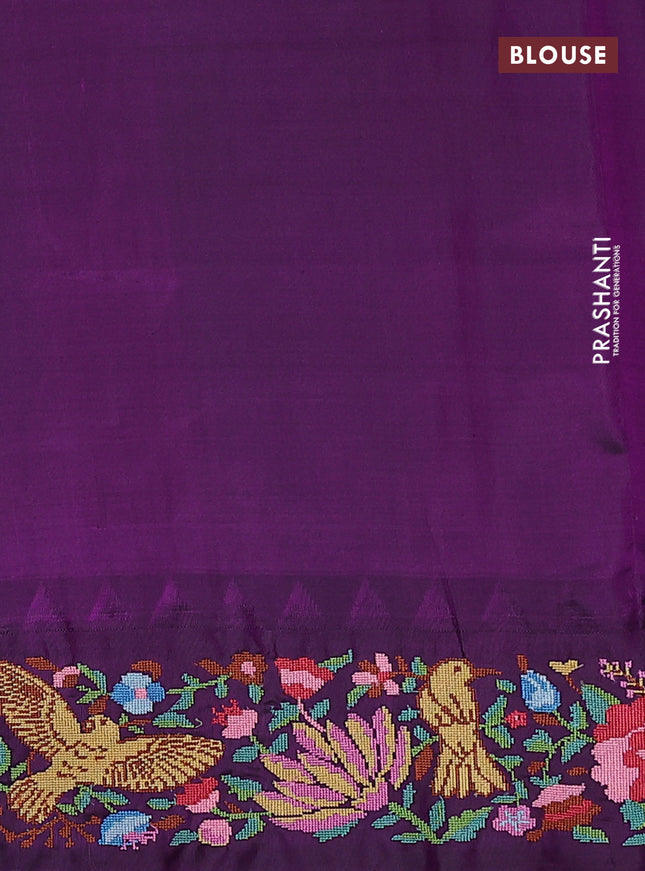 Pure gadwal silk saree light green and deep purple with zari woven buttas and temple design embroidery border