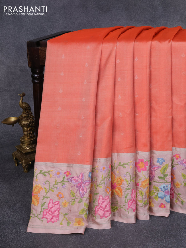 Pure soft silk saree rustic orange and beige with zari woven buttas and floral design embroidery border