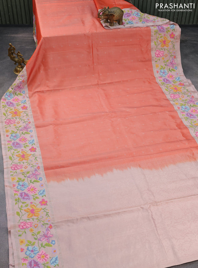 Pure soft silk saree rustic orange and beige with zari woven buttas and floral design embroidery border