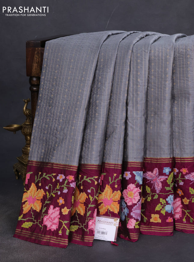 Pure soft silk saree grey and dark magenta pink with allover zari weaves and floral design embroidery border