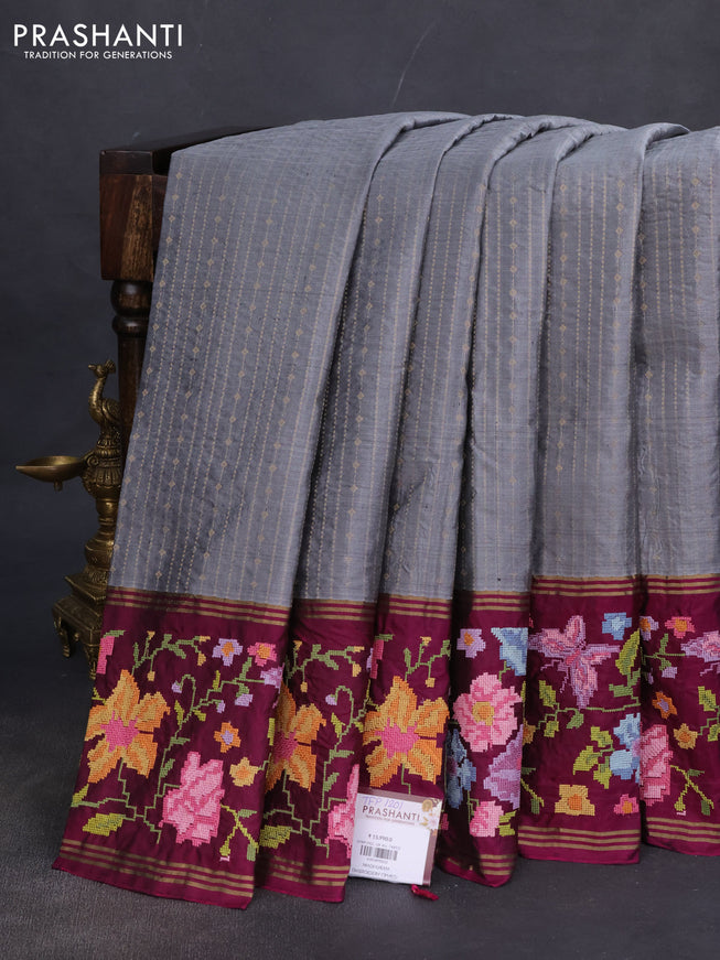 Pure soft silk saree grey and dark magenta pink with allover zari weaves and floral design embroidery border
