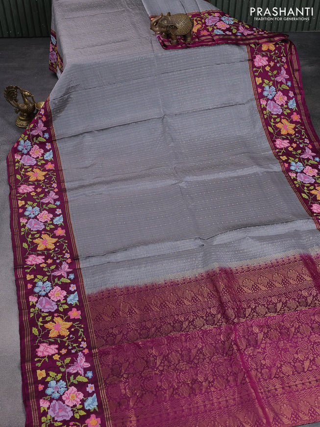 Pure soft silk saree grey and dark magenta pink with allover zari weaves and floral design embroidery border