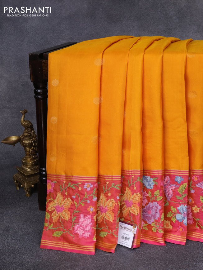 Pure soft silk saree mango yellow and dual shade of pink with zari woven buttas and floral design embroidery border
