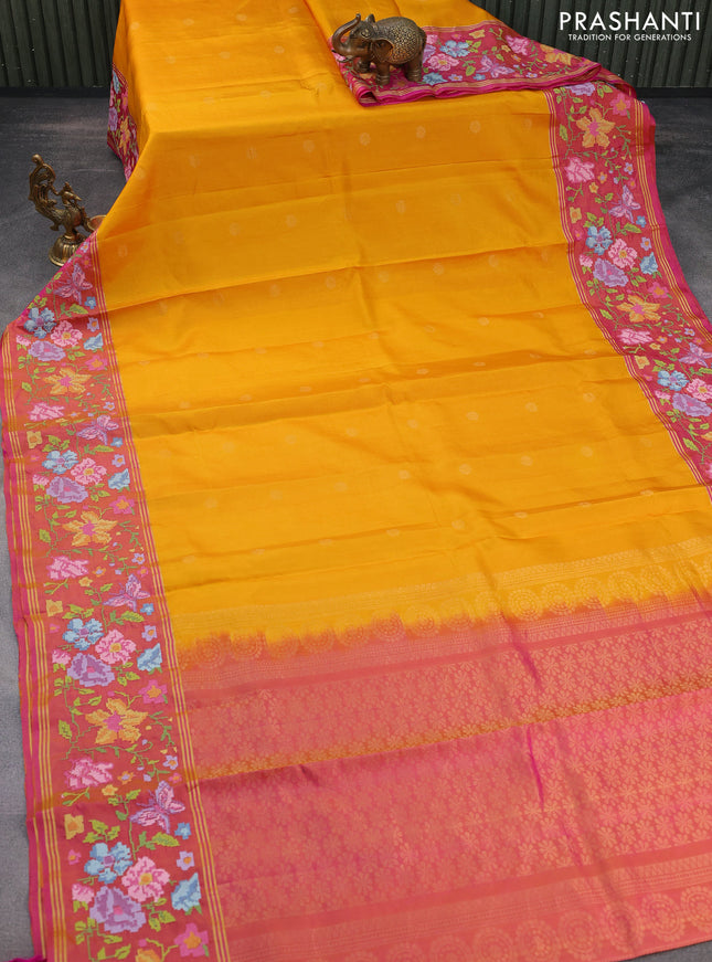 Pure soft silk saree mango yellow and dual shade of pink with zari woven buttas and floral design embroidery border