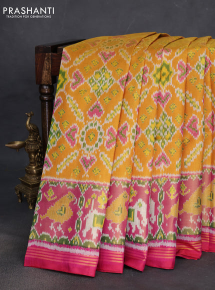 Rajkot patola silk saree mustard yellow and pink with allover ikat weaves and zari woven ikat border
