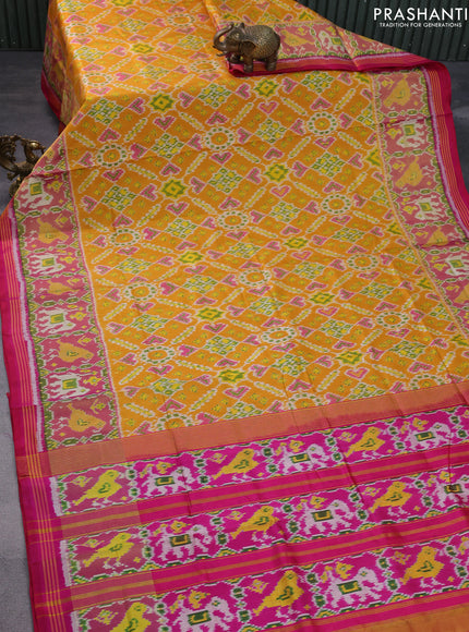 Rajkot patola silk saree mustard yellow and pink with allover ikat weaves and zari woven ikat border