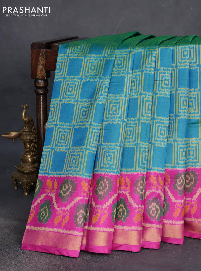 Rajkot patola silk saree dual shade of teal blue and pink with allover ikat weaves and ikat woven zari border