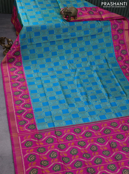 Rajkot patola silk saree dual shade of teal blue and pink with allover ikat weaves and ikat woven zari border