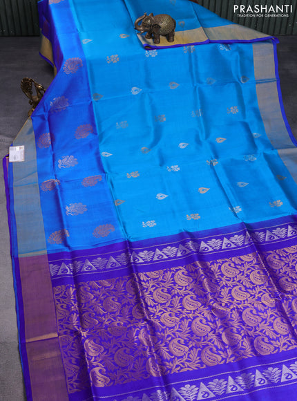 Pure uppada silk saree cs blue and blue with zari woven buttas and zari woven border