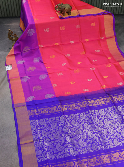 Pure uppada silk saree dual shade of pinkish orange and blue with silver & gold zari woven buttas and zari woven border