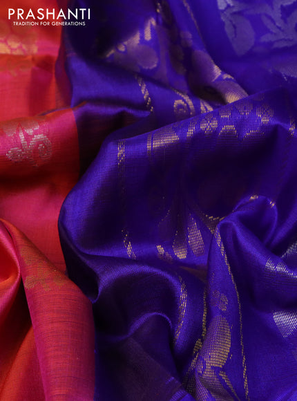 Pure uppada silk saree dual shade of pinkish orange and blue with silver & gold zari woven buttas and zari woven border
