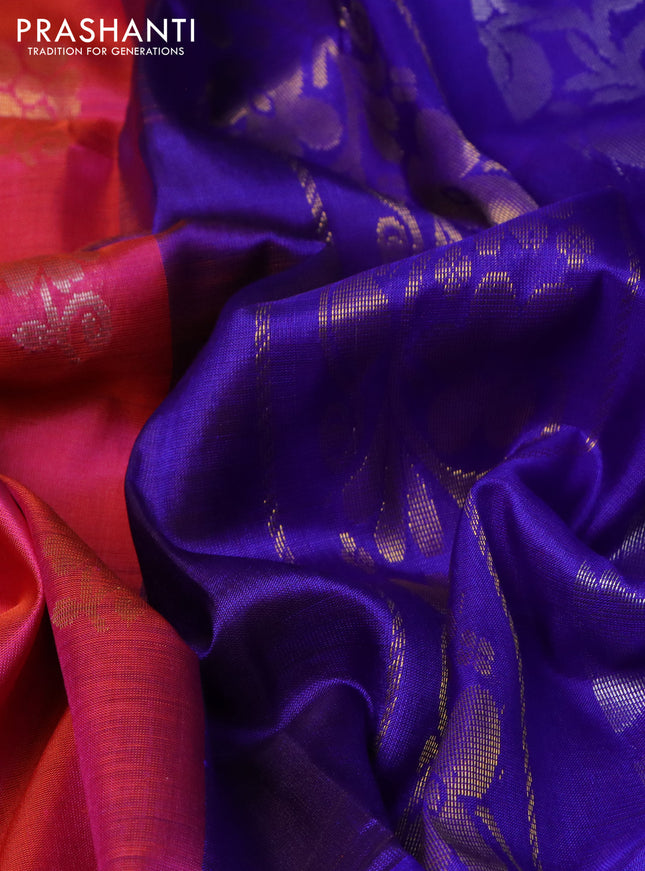 Pure uppada silk saree dual shade of pinkish orange and blue with silver & gold zari woven buttas and zari woven border