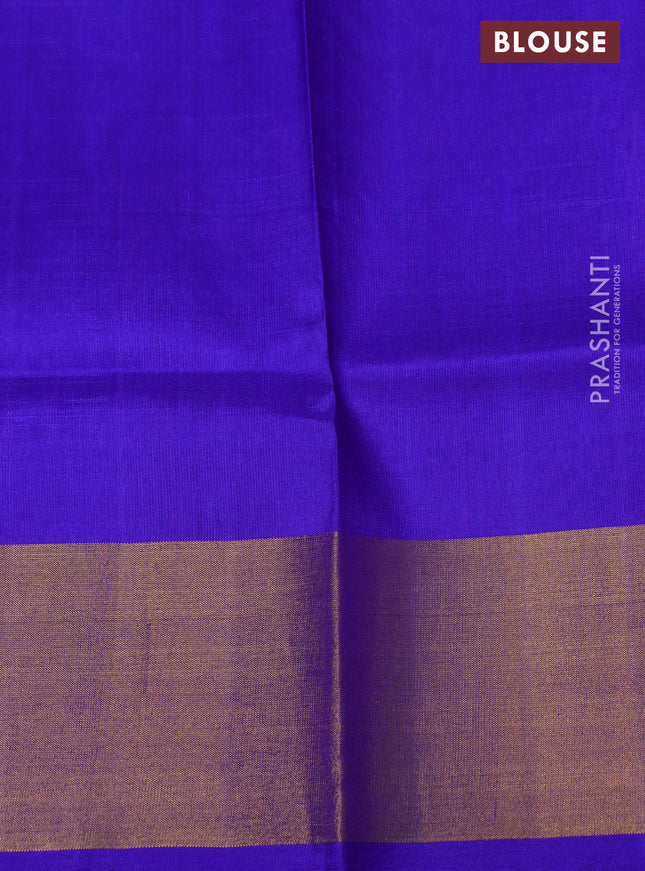 Pure uppada silk saree dual shade of pinkish orange and blue with silver & gold zari woven buttas and zari woven border