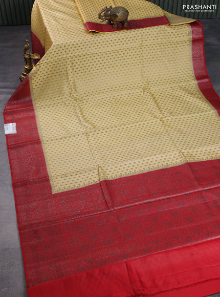 Chiniya silk saree pale yellow and red with allover thread & zari woven buttas and banarasi style border