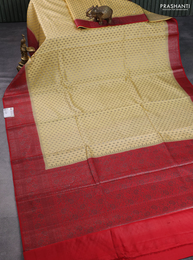 Chiniya silk saree pale yellow and red with allover thread & zari woven buttas and banarasi style border