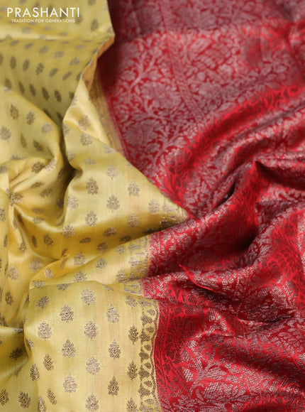 Chiniya silk saree pale yellow and red with allover thread & zari woven buttas and banarasi style border