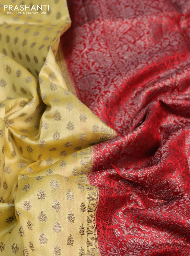 Chiniya silk saree pale yellow and red with allover thread & zari woven buttas and banarasi style border