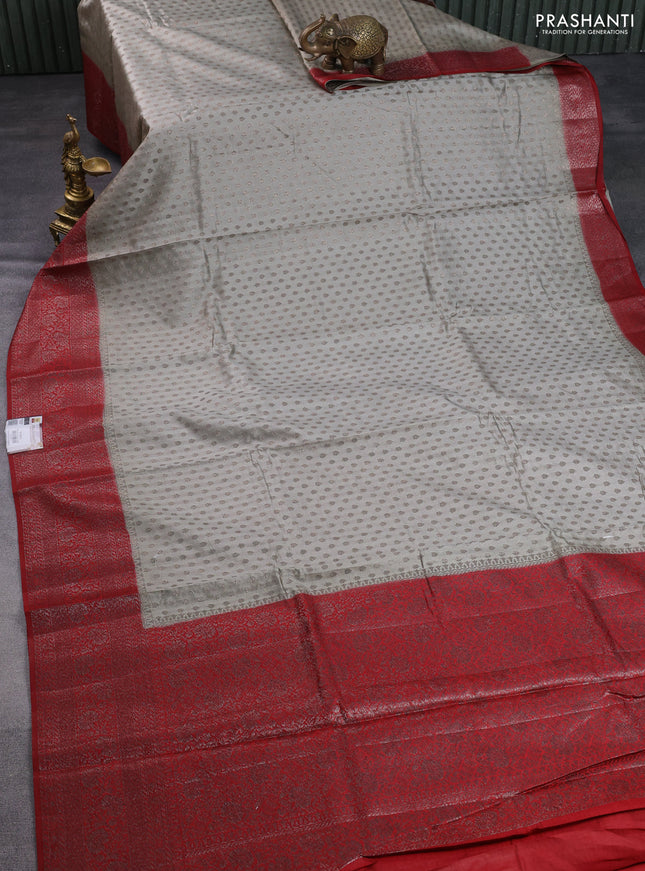 Chiniya silk saree pastel grey and red with allover thread & zari woven buttas and banarasi style border