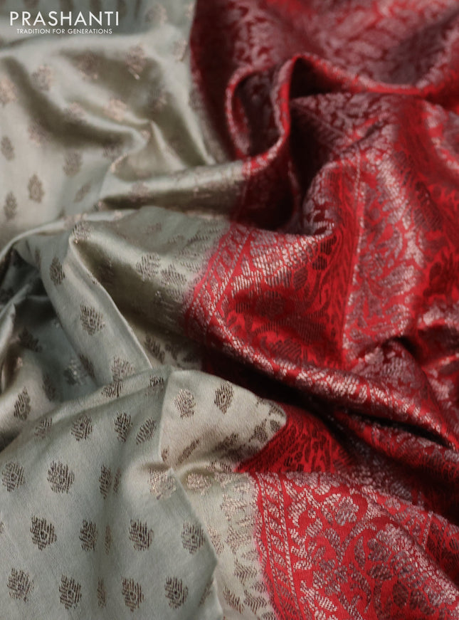 Chiniya silk saree pastel grey and red with allover thread & zari woven buttas and banarasi style border
