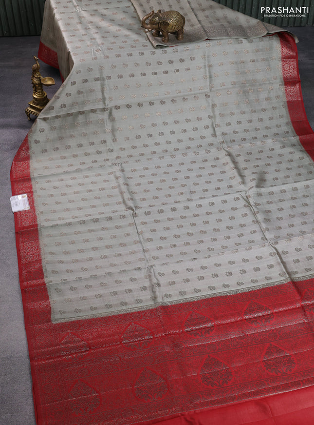 Chiniya silk saree grey and red with allover thread & zari woven buttas and banarasi style border