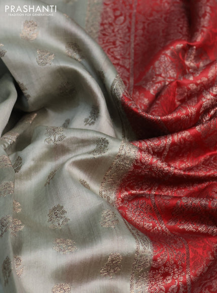 Chiniya silk saree grey and red with allover thread & zari woven buttas and banarasi style border
