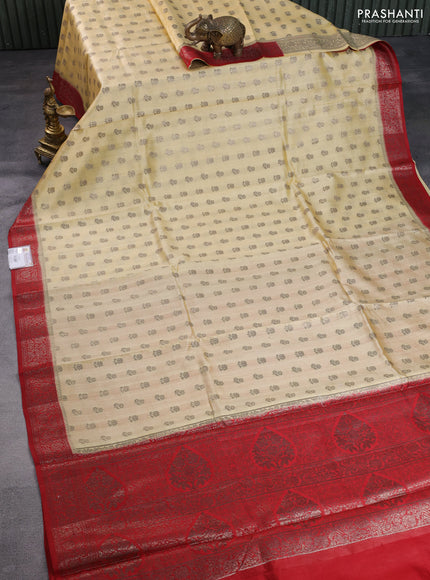 Chiniya silk saree pale yellow and red with allover thread & zari woven buttas and banarasi style border