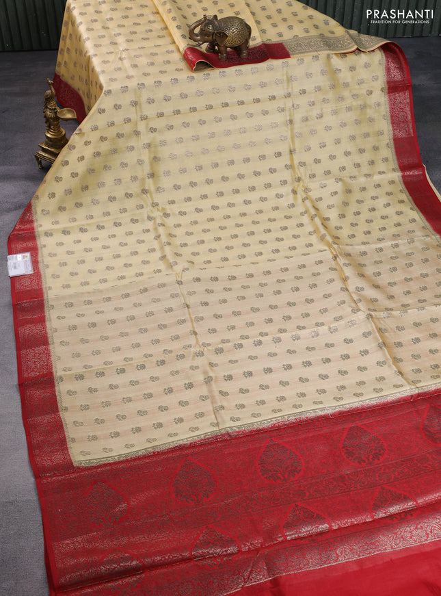 Chiniya silk saree pale yellow and red with allover thread & zari woven buttas and banarasi style border