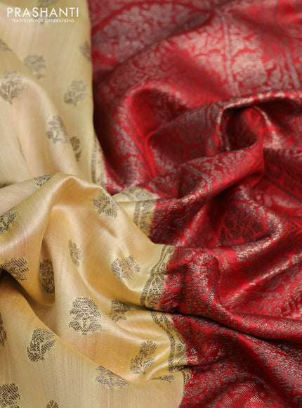 Chiniya silk saree pale yellow and red with allover thread & zari woven buttas and banarasi style border